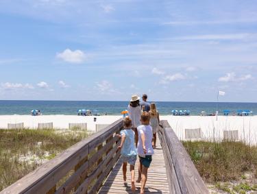 Family walking along a boardwalk towards the beach